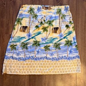 Sgt Leisure Hawaii Skirt Blue‎ Yellow Tropical Hula Palm Rayon Tiki Island Large